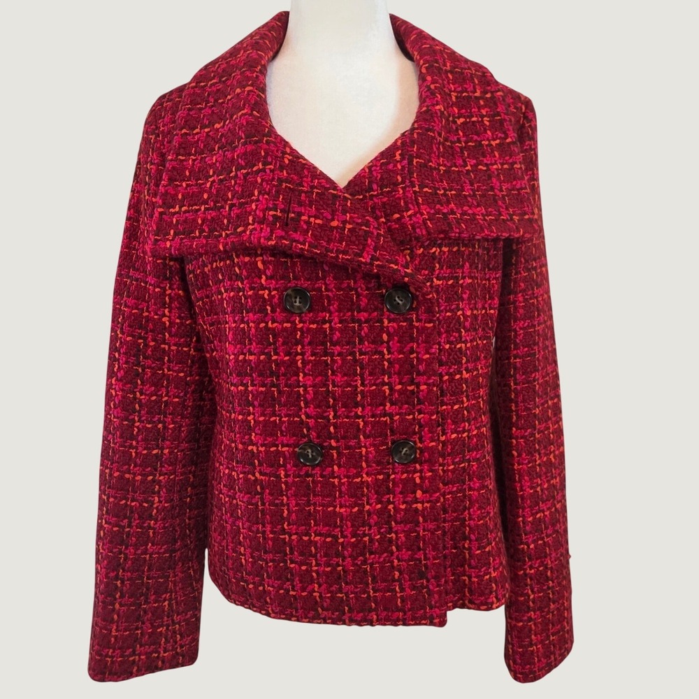 Talbots Pea Coat Blazer Red Pink Boucle Tweed Preppy Autumn Twee Wool Blend
